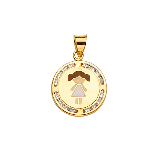 14K Yellow Gold Cubic Zirconia Enamel Girl Pendant