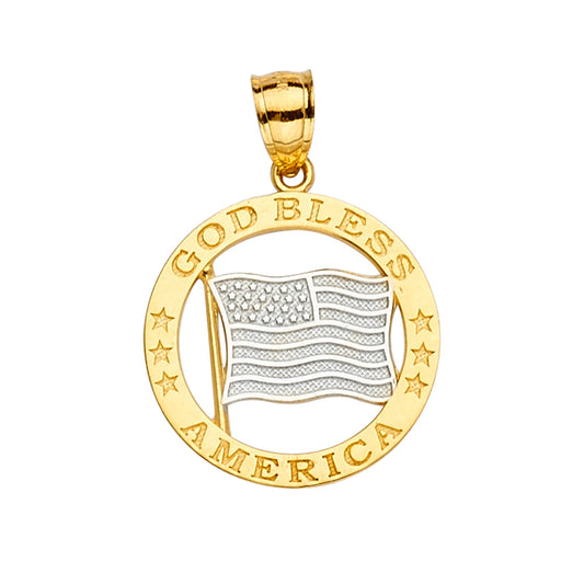 14K Two Tone Gold "God Bless America" Flag Pendant