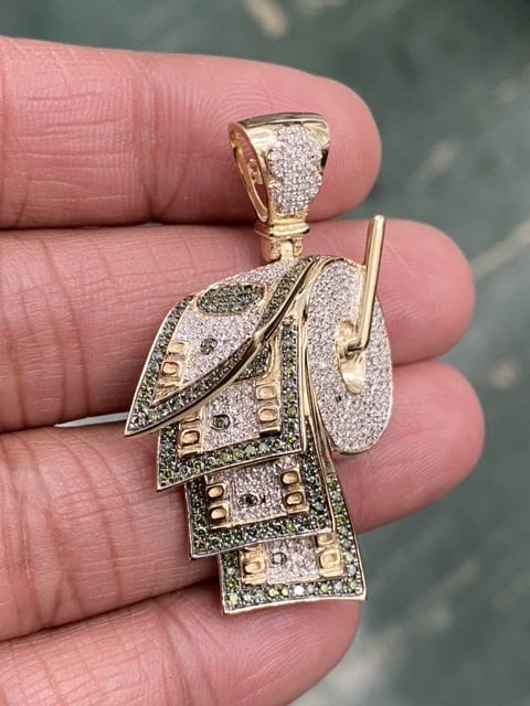 Roll of Money Pendant, 10k Yellow Gold Diamond Roll Of Money Pendant 2 Mens 100 Dollar Charm 1.35 Ct
