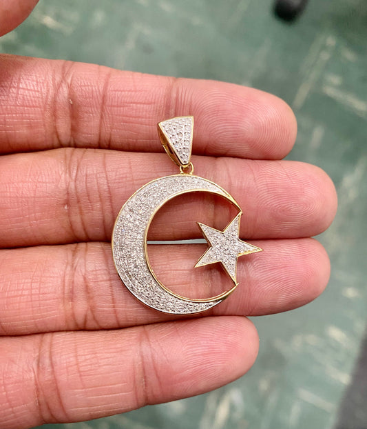 Diamond Crescent Moon Star - 10K Yellow Gold 0.69 Ct Diamond Crescent Moon & Star Pendant Round Cut Charm
