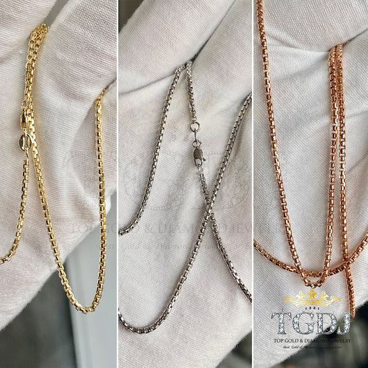 Gold Box Chian - 14K Yellow Gold 1.8MM  Box Chain Yellow / White / Rose  Gold Round Box D.C Chain Necklace 16-24"