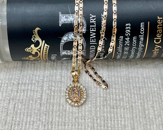 Our Lady of Guadalupe Pendant , 14k Tri-color Gold Religious Our Lady of Guadalupe Pendant with 1.5mm Valentino Diamond Cut Chain Necklace