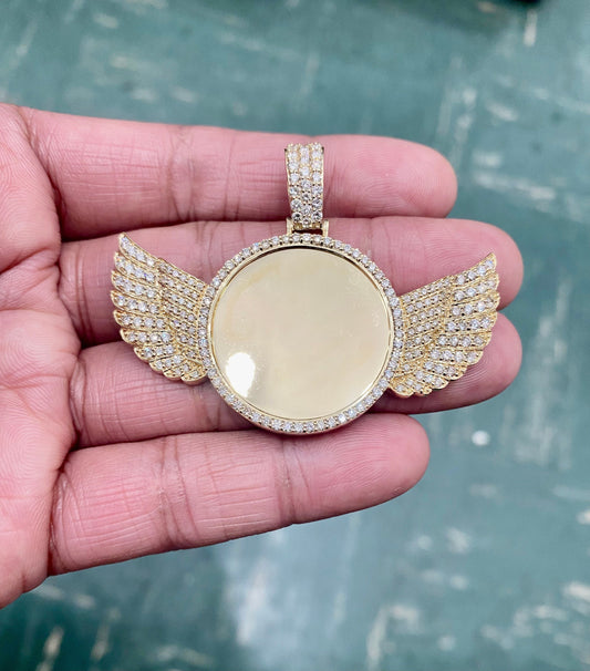 Angel Wings Picture Frame Memory 2.80 ct Diamond Pendant Real SOLID 14K Yellow Gold Medallion | Includes picture molding!