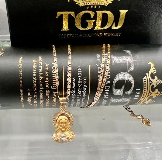 Jesus Stamp face Pendant , 14k Tri-color Gold Jesus Stamp Religious Pendant with 1.5mm Valentino Diamond Cut Chain Necklace