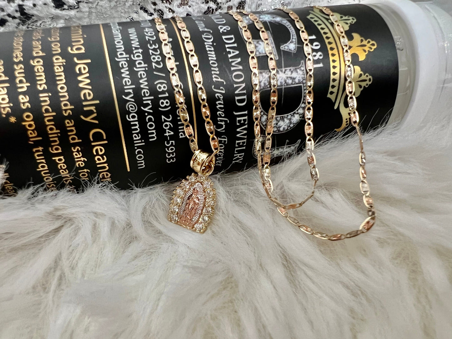 Our Lady of Guadalupe Pendant ,14k Tri-color Gold Religious Our Lady of Guadalupe CZ Pendant with 1.5mm Valentino Diamond Cut Chain Necklace