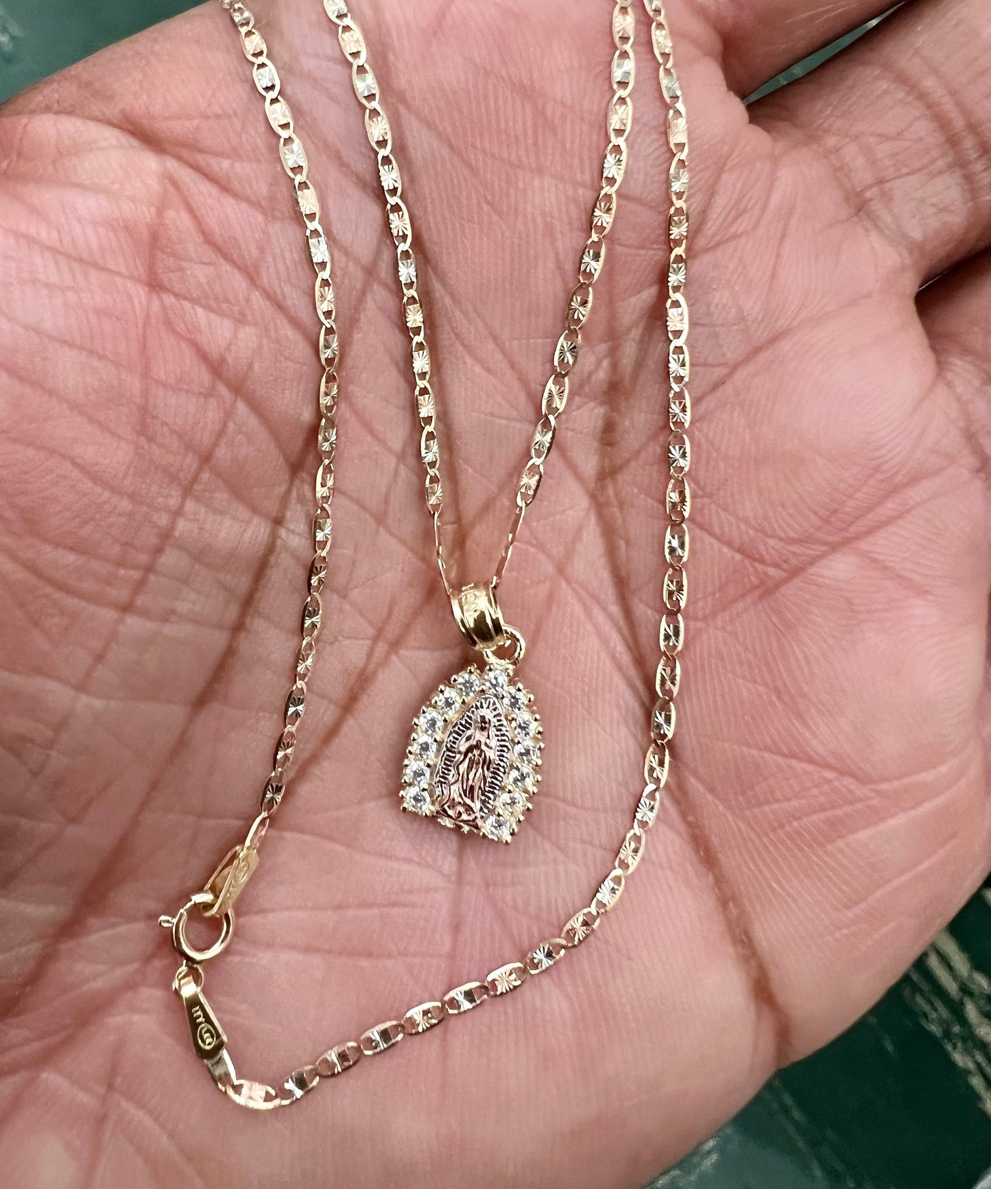 Our Lady of Guadalupe Pendant ,14k Tri-color Gold Religious Our Lady of Guadalupe CZ Pendant with 1.5mm Valentino Diamond Cut Chain Necklace