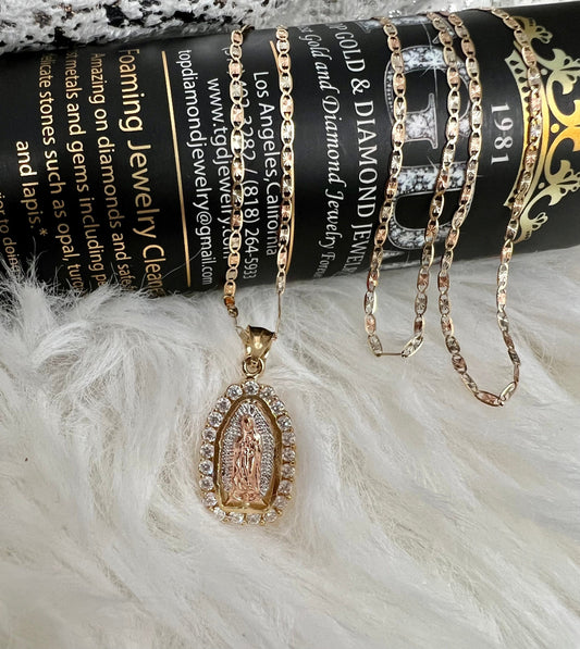 Our Lady of Guadalupe Pendant , 14k Tri-color Gold Religious Our Lady of Guadalupe Pendant with 1.5mm Valentino Diamond Cut Chain Necklace