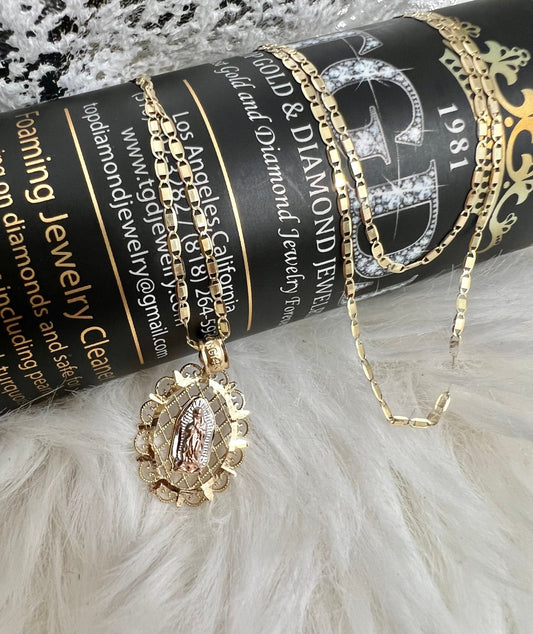 Gold Our Lady of Guadalupe Pendant , 14k Tri-color Gold Religious Our Lady of Guadalupe Pendant with 1.5mm Valentino D Cut Chain Necklace