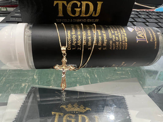 14K Real Gold Two Tone Linear Cross Jesus Crucifix Charm Pendant  with 0.8mm Box Chain Necklace Crucifix Charm Pendant,