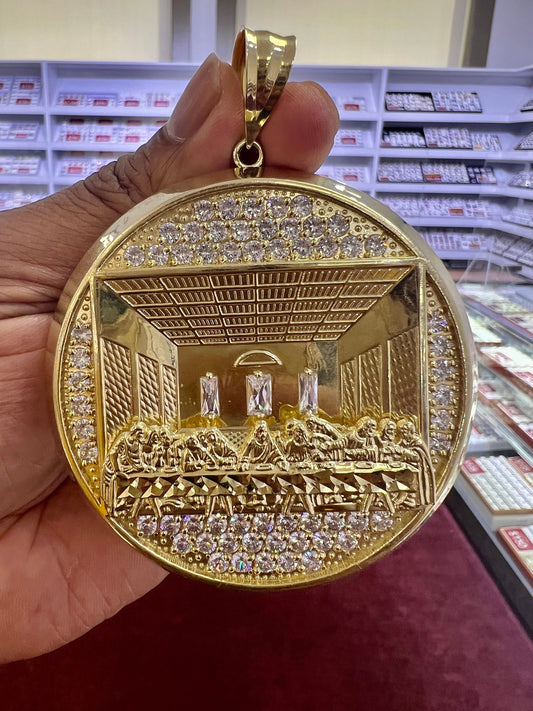 10K Solid Yellow Gold Last Supper Jesus Religious Pendant 45 Gram 3" extra Large