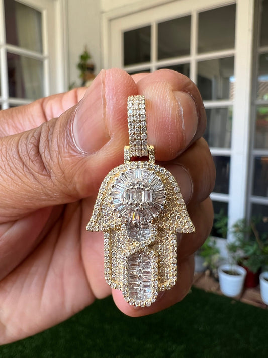 Real diamond hamsa pendant, good luck, evil eye, protection 10K Yellow Gold Diamond  Hamsa Pendant 2" Charm 1.5 CT, hip hop hamsa