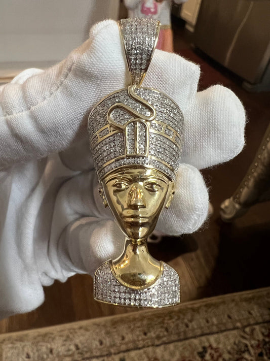 Real Genuine Authentic Diamond Egyptian Queen Nefertiti Charm Pendant, Round Cut Diamond in 10K Yellow Gold Charm Pendant
