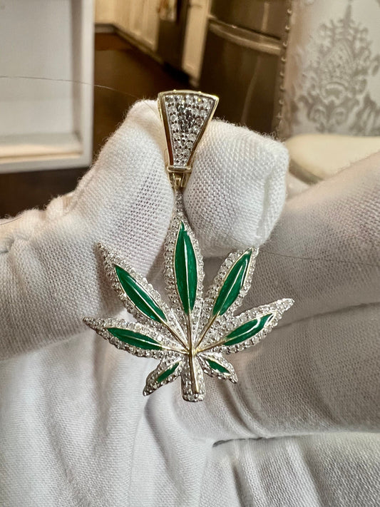 Real Diamond Marijuana Necklace, 10k yellow gold vermeil Marijuana Pendant, Cannabis Pendant, Ganja Weed Charm,