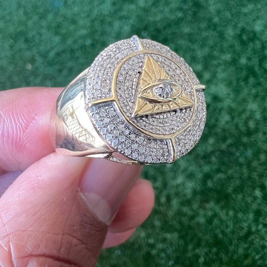 10K Yellow Gold 0.38ct Diamond Ring for Men, All Seeing Eye of Providence Ring, Mens HipHop Ring, Signet Ring, Wedding Band Gold Finger Ring