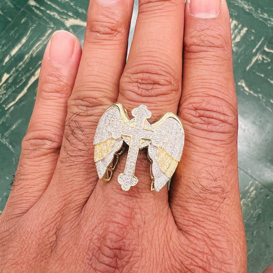 10K Yellow Gold 0.52 Ct Diamond Cross Angel Wings Mens Ring, Gothic Angel Mens Ring, Gold Cross and Wings Jewelry