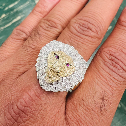 10K Yellow Gold 0.61Ct Diamond Lion Face Mens Ring -9.49 Gram, Lion Face Mens Ring. Hip hop Rings