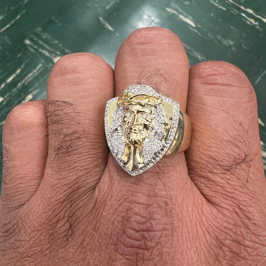 10k Yellow Gold  Signet Christ Jesus 0.24 ct Diamond Mens Ring , Christian ,Christian Gift Jewelry ,Religious Relief Jesus Gift Mens Rings