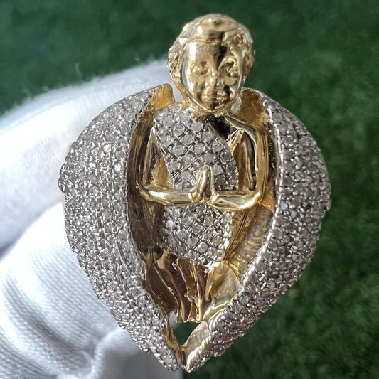 10K Solid Yellow Gold Diamond Ring for Men, Praying Angel Band Ring, Angel Signet Mens Ring, Praying Angel Ring, Statement Ring Gift for Him