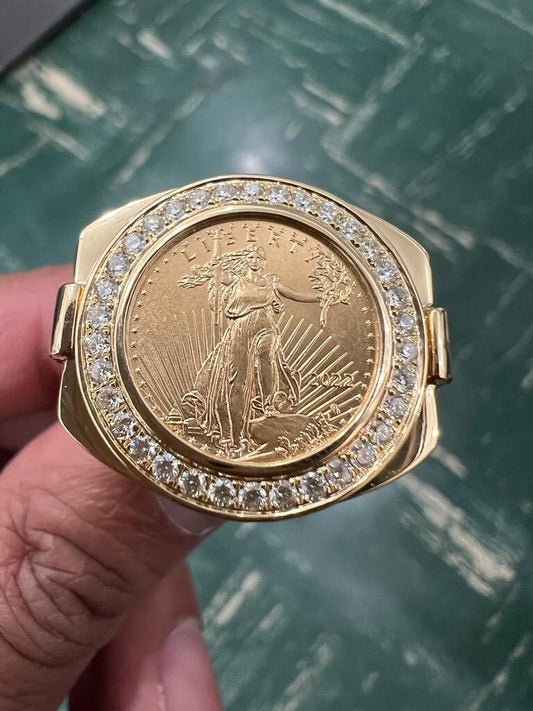 10K Yellow Gold Liberty Coin Ring, American Liberty Coin Genuine Diamond Ring 0.61 Ct, 15.68 Grams Size 10, Mens Finger Ring, Gift for Him