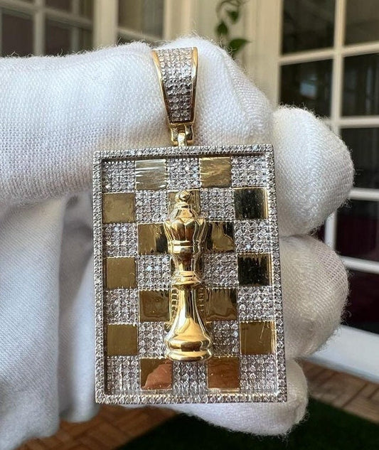 10k Gold Nugget .60ct Diamond Chess King Pendant, Checkerboard Square Rectangle Diamond Pendant, Chess Table Pendant charm, Gift Chess Lover