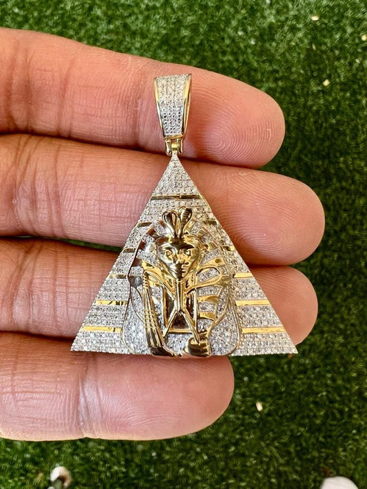 Real Genuine Authentic .70 CT Diamond Pharaoh in Pyramid pendant, 10K Yellow Gold Charm Pendant, Hip Hop Jewelry, Rapper Pendant, Unisex