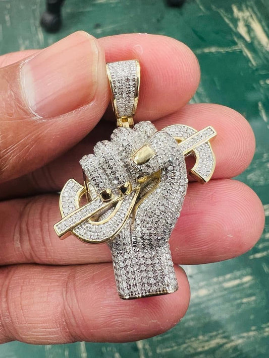 Dollar Hand, 10k Yellow Gold Diamond Hand With Dollar Sign Charm Pendant Real For Men, CZ Dollar Sign Pendant, Money Pendant, Gift for Him