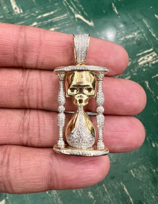 Men's 10K Yellow Gold Real Diamond Skull Timer Pendant Charm .59 CT 45mm | Life Minutes Pendant, Diamond Hourglass Pendant For Men Women