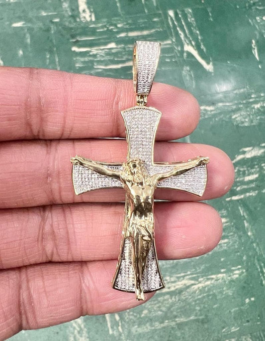 Men Nugget Cross Crucifix Jesus Christ Pendant, 10K Gold .48 CT Diamond Cross Religious Charm, Crucifix Cross Pendant, Baptism Gifts for Him