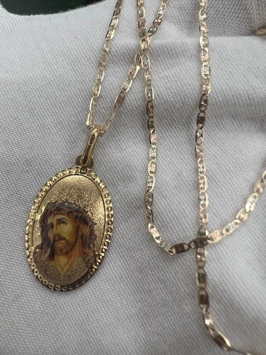 Jesus God Enamel Religious Catholic Oval Charm 14k Yellow Gold Pendant Valentino Diamond Cut Chain Necklace