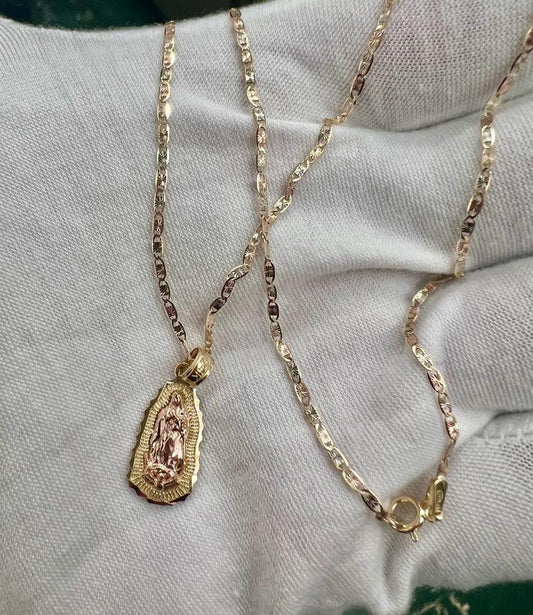 14k 2T Gold Our Lady of Guadalupe Charm Pendant With 14k yellow Gold Valentino Diamond Cut Chain Necklace, Religious Pendant, Gift for Him