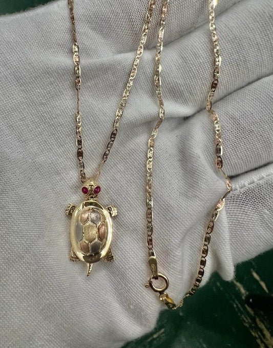 14k 3C Gold Turtle Pendant With 14k yellow Gold Valentino Diamond Cut Chain Necklace Solid Gold Turtle Charm Animal Necklace, Christmas Gift