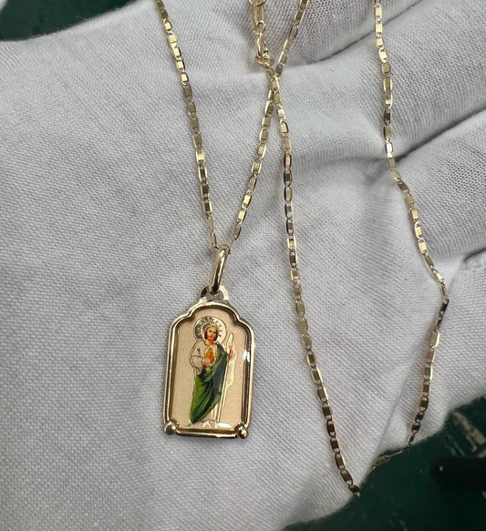 14k Gold St. Jude Enamel Religious Charm Pendant With 14k Yellow Gold Box Chain Necklace, Religious Pendant, Christmas Gift for Him